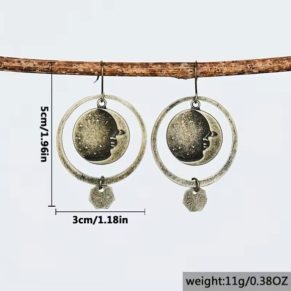 Gothic Vintage Ethnic Bronze Brushed Moon Hollow Round Earring - Picture 5 of 5
